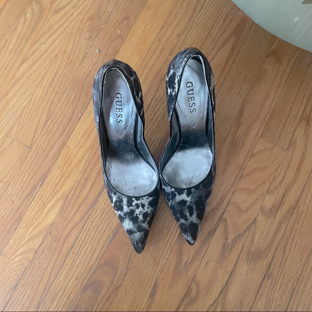 Guess Pointed Too animal print stiletto heel shoes.